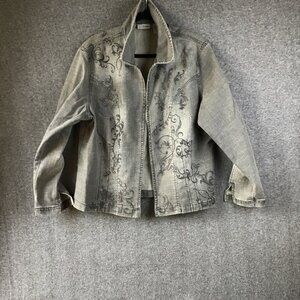 Chicos Platinum Embroidered Gray Denim Jacket Size 3